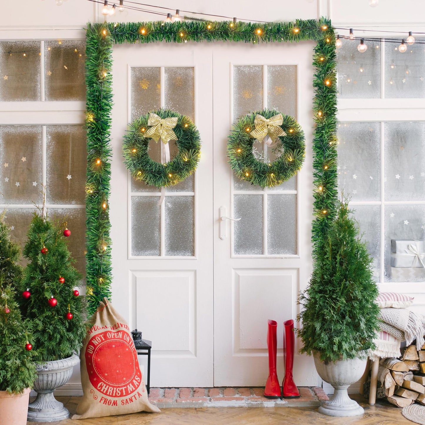 Ouddy Decor Christmas Garland with Lights, 19.7 Ft 60 Led Pre-lit Christmas Greenery Garland Battery Operated for Mantle Stairs Railing Party Winter New Year Outdoor Indoor Home Decor, Warm White