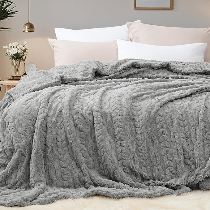 PHF Fluffy Sherpa Blanket Twin Size for Winter, Warm and Soft, 510GSM 3D Jacquard Thick Shaggy Fleece Plush Blanket for Sofa Bed, Grey, 60"x80"
