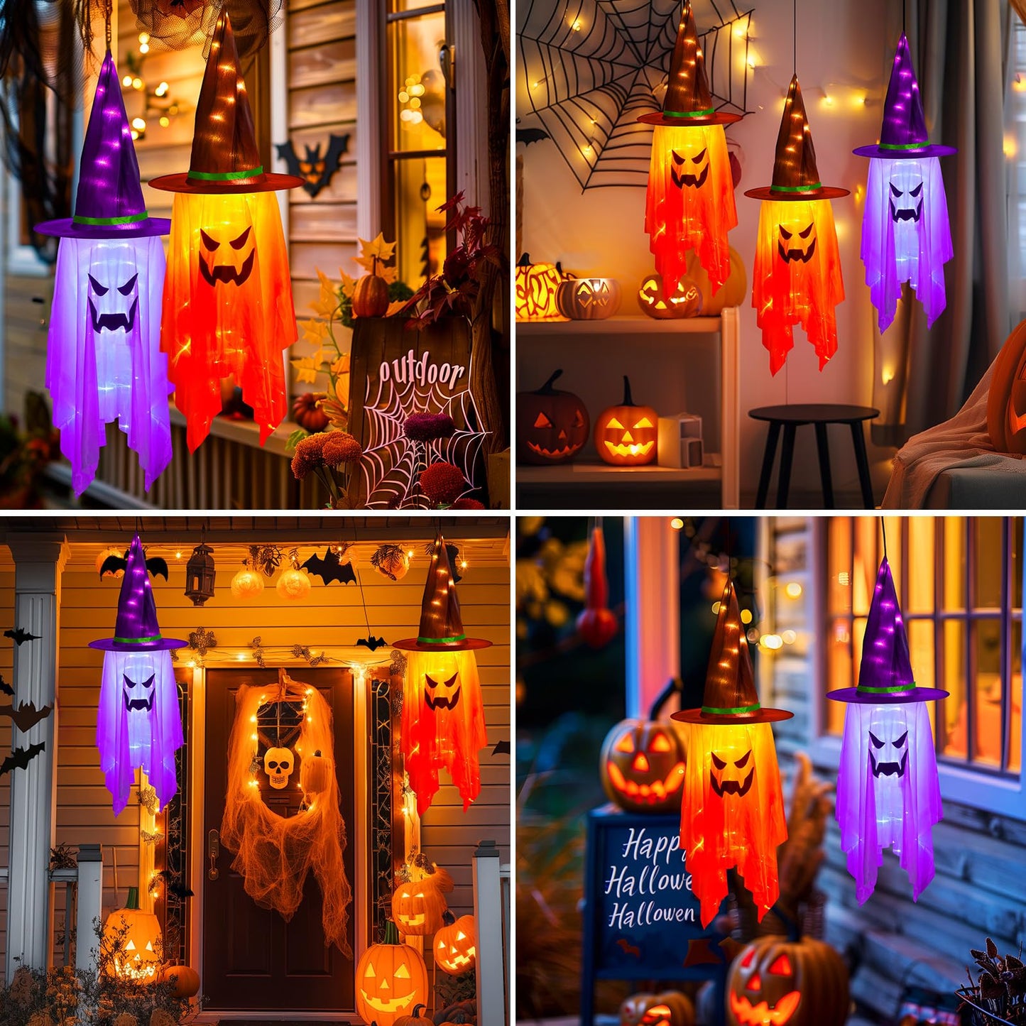 Minetom Halloween Lights Battery Operated, 2PC Large Hanging Witch Hats Lights, Total 40 LED, Glowing Ghost Witch Hat Light, Halloween Light Decoration for Outdoor Tree Indoor, Orange and Purple