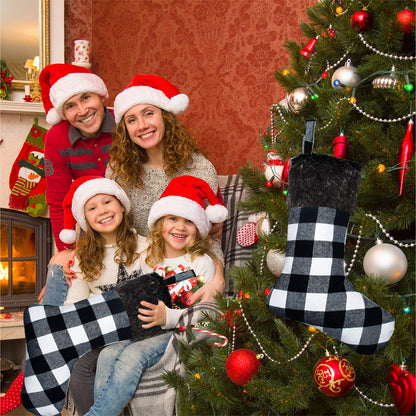 Senneny Christmas Stockings- 4 Pack 18" Black White Buffalo Plaid Christmas Stockings with Plush Faux Fur Cuff, Classic Large Christmas Stockings Decorations for Family Christmas Holiday Party Decor