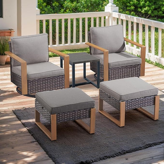 Rilyson Outdoor Wicker Patio Furniture Set - 5 Piece Patio Conversation Set with 2 Wicker Swivel Rocker Chairs,2 Ottoman, 1 Side Table, Thick Cushions, Deep Seating, Wide Armrest(Brown/Grey)