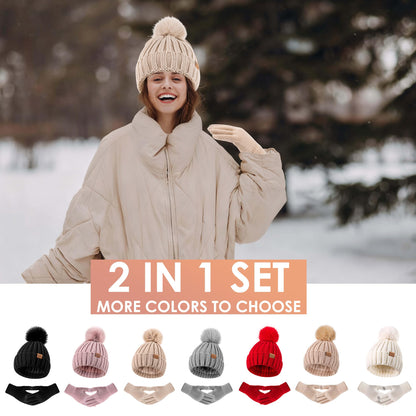 Winter Beanie Hat Gloves Set for Women Fleece Lined PomPom Hat Touchscreen Gloves