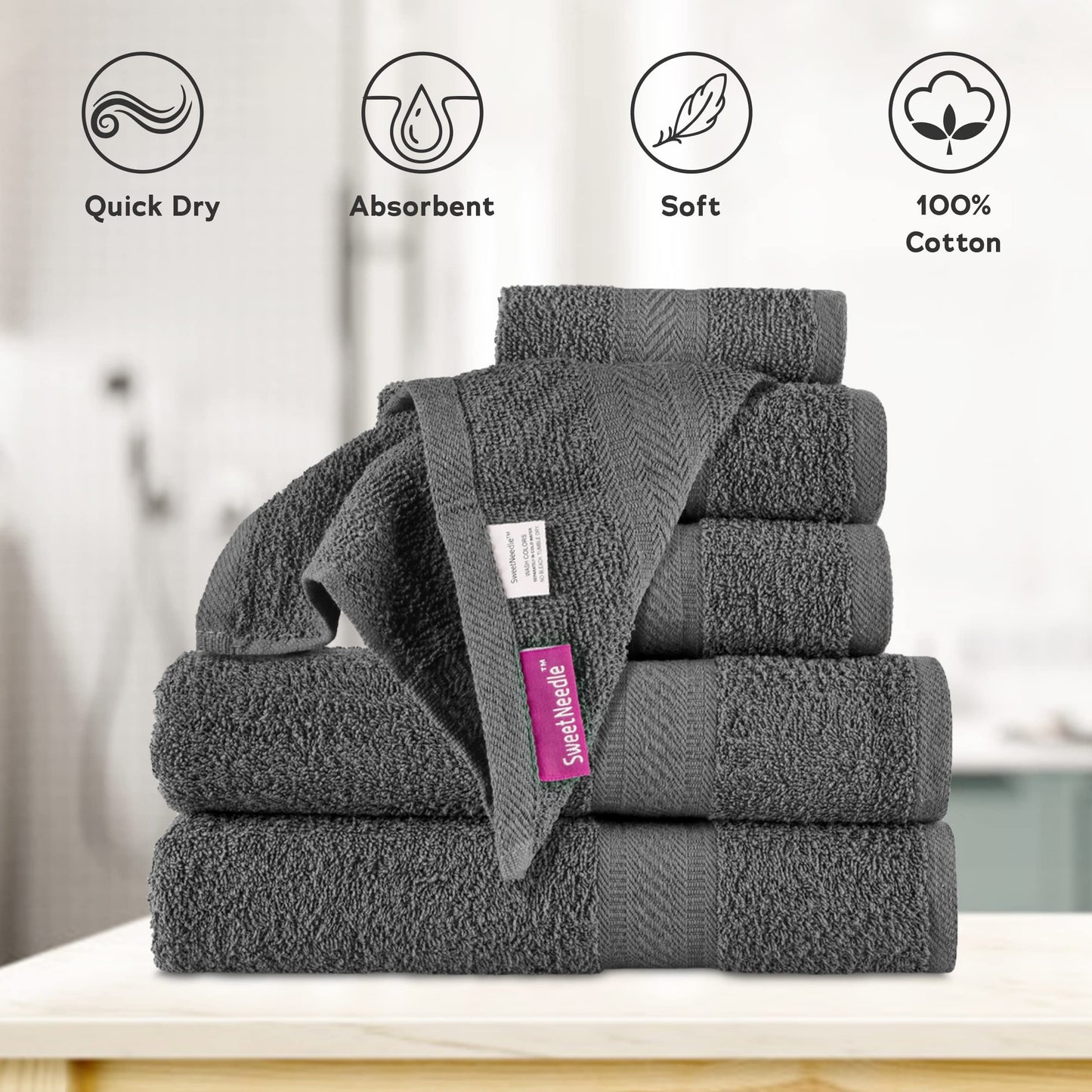 SweetNeedle 6 Piece Towel Set - 2 Bath Towels, 2 Hand Towels and 2 Washcloths Cotton Daily Use Hotel Spa Quality Soft Highly Absorbent Quick Dry Light Weight (Charcoal Grey)