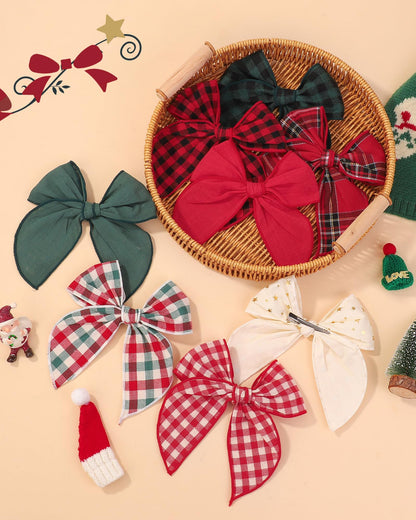 doboi 8PCS 5.5" Christmas Baby Girls Hair Clips Fable Hair Bows Cotton Linen Bows for Girls Gingham Hair Accessories for Baby Toddlers Kids