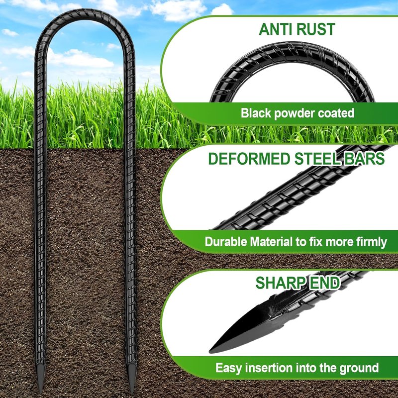 Trampoline Stakes Anchors - Heavy Duty 12" Ground Anchor for High Wind Stability | U-Shaped Rebar Stakes