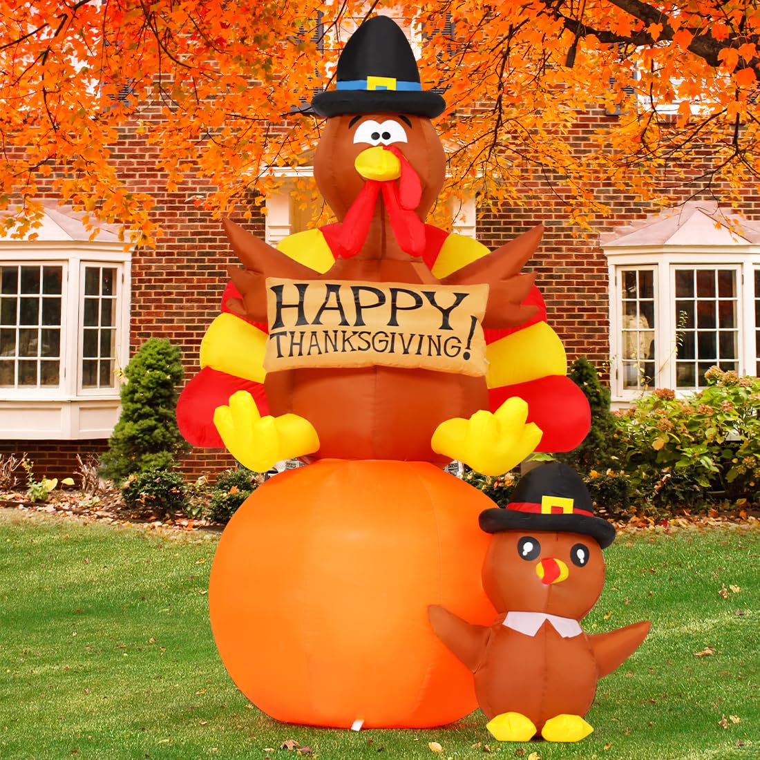GOOSH 6 FT Thanksgiving Inflatables Turkey Outdoor Decorations Blow Up Yard Turkey on Pumpkin with Turkey Baby with Built-in LEDs for Indoor Party Garden Lawn Decor
