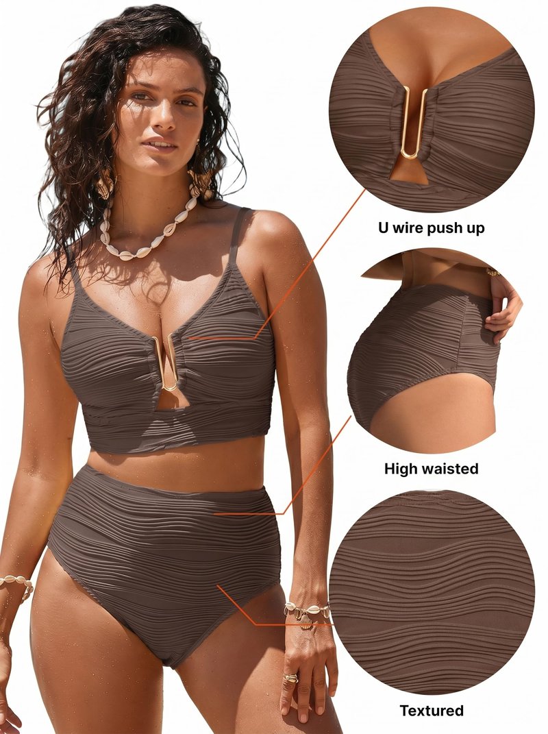Herseas Women Swimsuits 2 Piece U-Wired Push up Ribbed Ruched High Rise Bikini Sets Longline Crisscross Back Bathing Suits Modest Solid Resort Wear Swim Suit Teen Girls Deep Brown Large