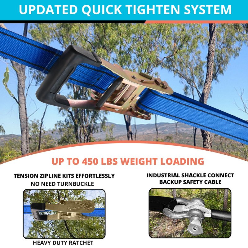 HOKINETY Zip Line Kit for Kids Adults : Up to 450Lbs 200FT Quick Setup Zipline for Backyard Outdoor with 100% Rust Proof Removable Trolley Swing Seat Safety Harness Spring Brake