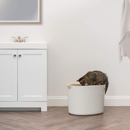 IRIS USA Cat Litter Box, Large Top Entry with Litter Catching Lid and Scoop, Dog Proof, Cat Box Enclosure, Beige/White