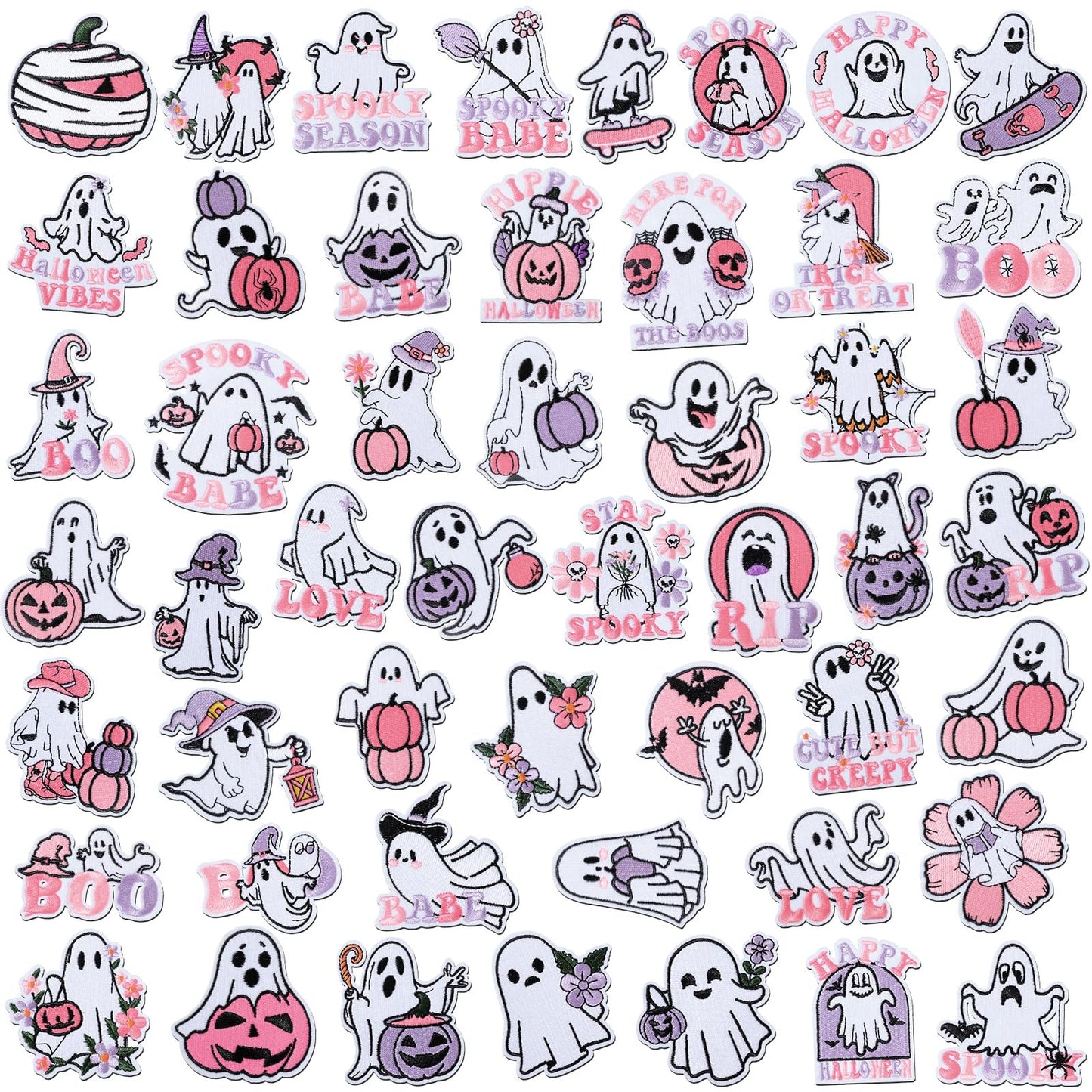 Wavwavw 50 Pcs Ghost Patches Iron on Halloween Patches Embroidered Applique Cute Pumpkin Boo Ghost Iron on for Clothes Hats Backpacks Jackets Accessories