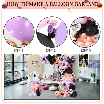 Jobkoo Halloween Balloon Garland Arch Kit, Black Purple Pink Halloween Baby Shower Latex Balloons with 3D Bat Ghost Witch Mylar Foil Balloons Set for Happy Halloween Birthday Decoration Indoor Outdoor