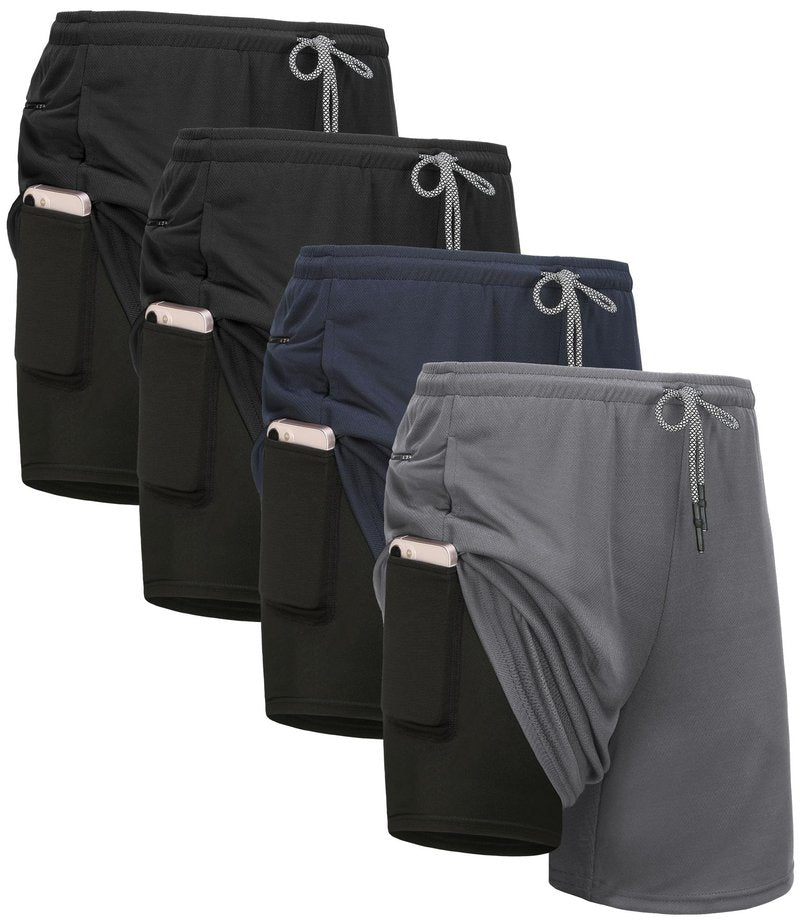 Kinglaman 4 Pack Mens 2 in 1 Running Workout Shorts with Liner, Gym Athletic Quick Dry Sport Shorts with Pockets 2 Black 1 Blue 1 Gray X-Large