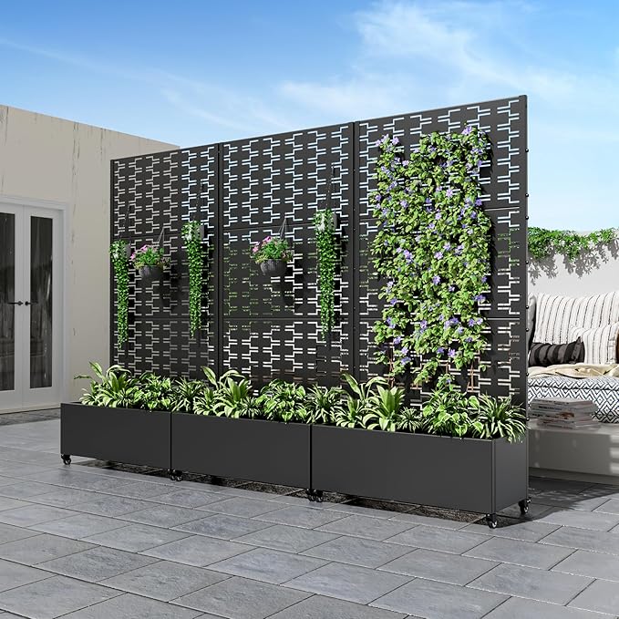 Casaphoria Metal Raised Garden Bed with Trellis and Wheels, 72"x35"x16" Planter Box for Climbing Plants, Vegetables & Vines, Features Drainage Holes and Privacy Screen (Black-Square)