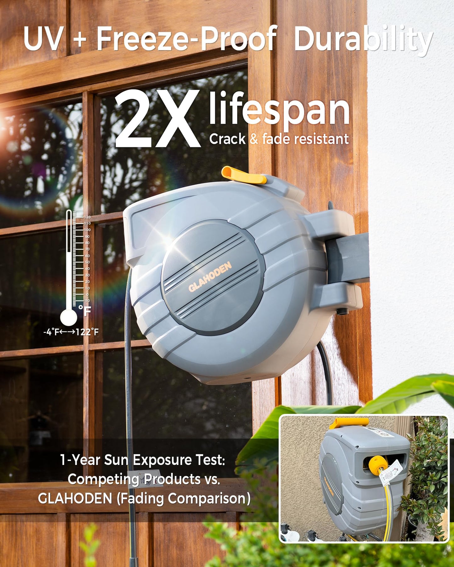 GLAHODEN Retractable Garden Hose Reel 1/2 in x 130 ft, 2025 Upgraded Dual Ratchet Lock UV & Freeze Protection Brass Seal Slow Retraction Anti-Tangle Hose 180°Swivel Reinforced Scaffold Wall Mount