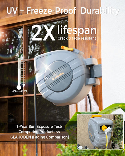 GLAHODEN Retractable Garden Hose Reel 1/2 in x 130 ft, 2025 Upgraded Dual Ratchet Lock UV & Freeze Protection Brass Seal Slow Retraction Anti-Tangle Hose 180°Swivel Reinforced Scaffold Wall Mount