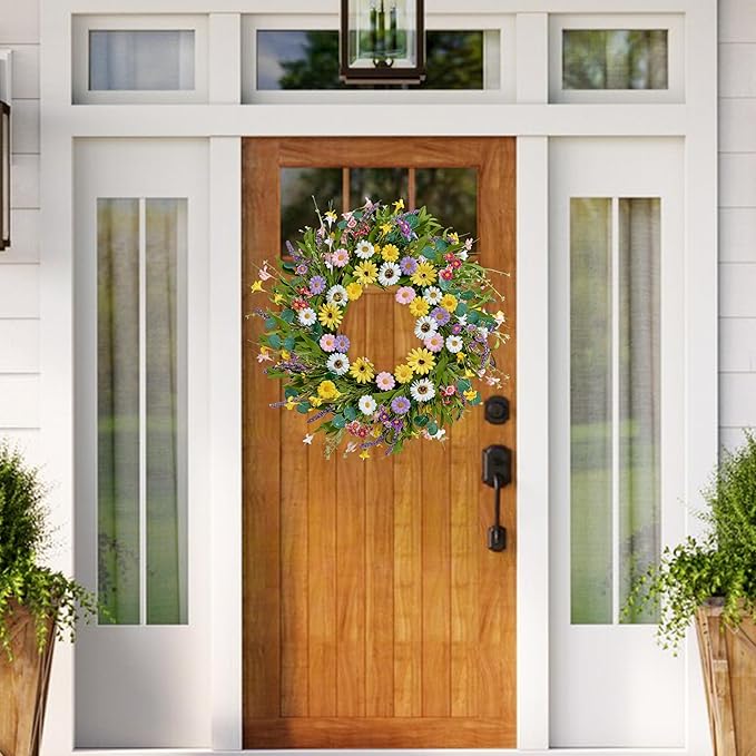 Spring Wreath 22 Inch Artificial Summer Wreath with Yellow Daisy Flowers Green Eucalyptus Leaves Lavender Spring Wreaths for Front Door Home Farmhouse Porch Wall Easter Festival