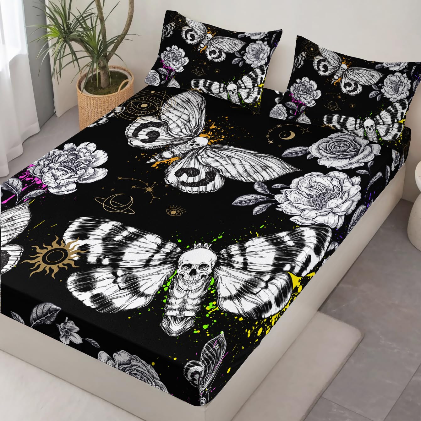 HOSIMA Death Moth Skull Heads Fitted Sheets Queen Bedroom Set Horror Theme Halloween Bedding,Goth Bedding Butterfly Bed Set for Adults Boys Girls Room Decor Floral Sheets Deep Pocket.