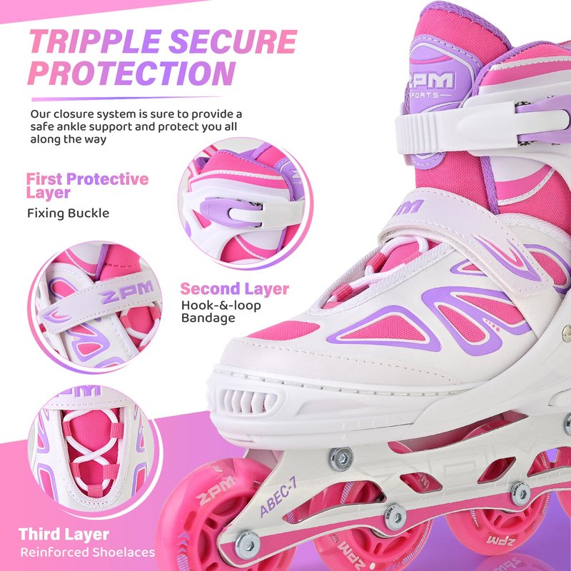2PM SPORTS Vinal Inline Skates for Girls Boys Kids Ages 5-8 8-12 with Adjustable Illuminating Wheels, Inline Roller Skates for Youth Women Men - White Pink Large