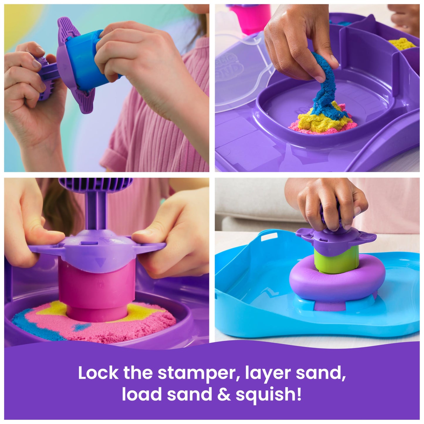 Kinetic Sand, SquishMotion Playset with 453g Pink, Yellow, Blue Play Sand, Stamper & 5 Tools, Reusable Storage Case, Sensory Toys for Kids Aged 5+