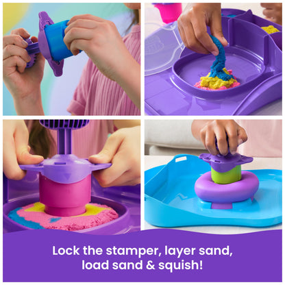 Kinetic Sand, SquishMotion Playset with 453g Pink, Yellow, Blue Play Sand, Stamper & 5 Tools, Reusable Storage Case, Sensory Toys for Kids Aged 5+