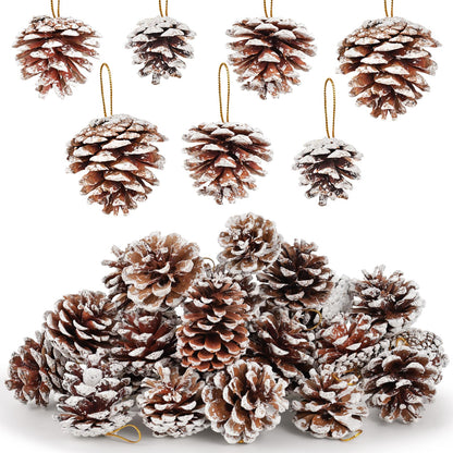 JOHOUSE 24PCS Snow-Dusted Natural Pine Cones with Gold String – 2-2.5in Pinecone for Crafts, Thanksgiving & Christmas Tree, Wreath/Garland DIY, Table/Bowl/Vase Fillers, Fall Winter Home Decor