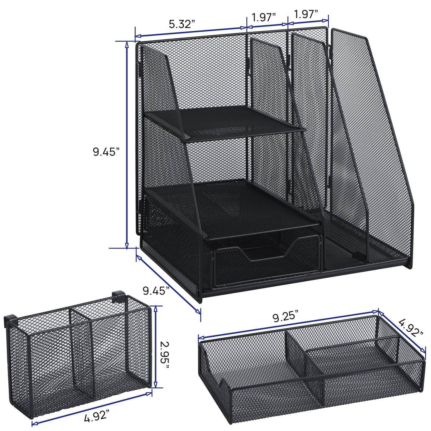 Desk Organizer, File Organizer for Desk with 2-Tier Paper Letter Tray, Drawer and 2 Pen Holder, Mesh Desktop Organization with Magazine Holder for Office Supplies