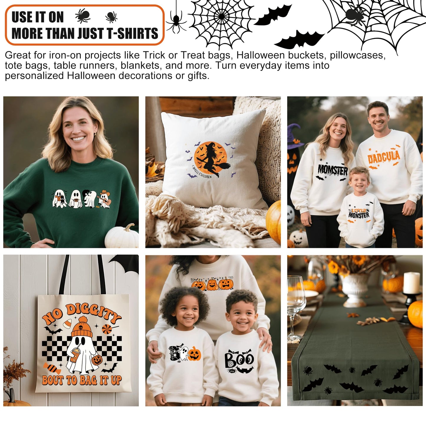 DIY Halloween Shirts for Women Kids Trick or Treat Bags Iron-on Heat Transfer Vinyls Set for Halloween Basket Pajamas Pillow Covers Blanket Tablecloth Runner Personalized Gifts Home Decorations