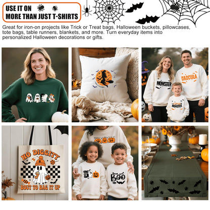DIY Halloween Shirts for Women Kids Trick or Treat Bags Iron-on Heat Transfer Vinyls Set for Halloween Basket Pajamas Pillow Covers Blanket Tablecloth Runner Personalized Gifts Home Decorations