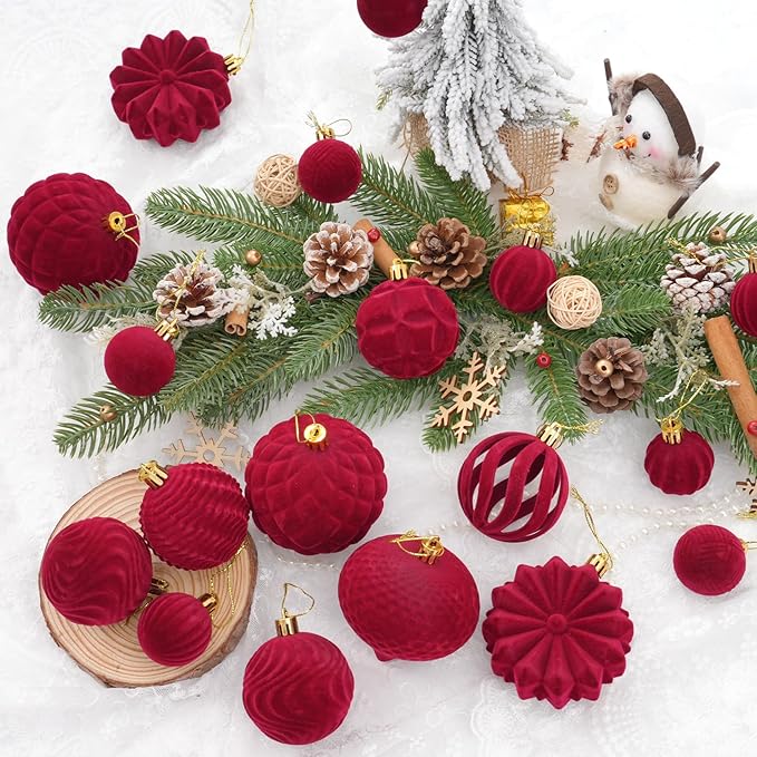 Velvet Christmas Balls 48pcs Flocked Christmas Tree Ornaments Set Shatterproof Christmas Ornaments with Hanging Rings Suitable for Xmas Tree Holiday Decor (Wine Red)