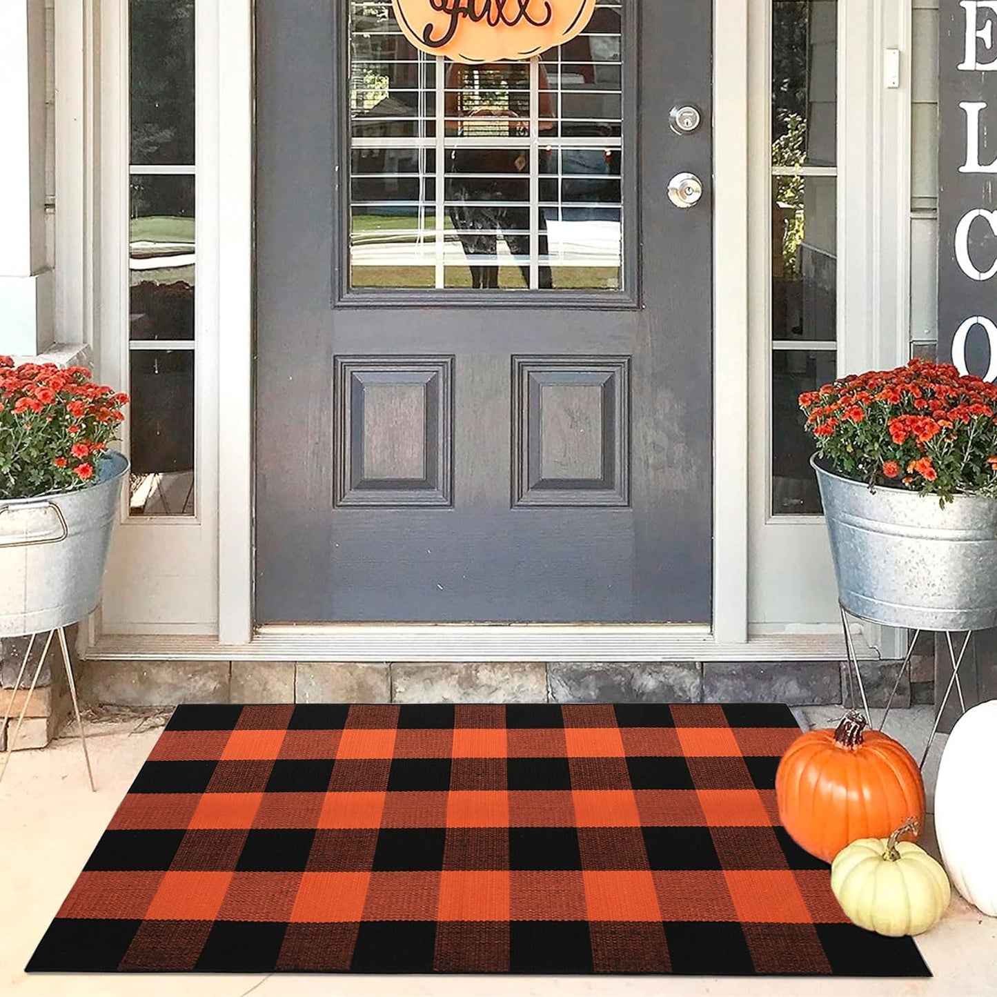 WAYYE Buffalo Plaid Outdoor Rug Checkered Area Rug Washable Doormats Indoor Outdoor Rugs for Layered Front Door Mats, Porch, Entryway, Kitchen, Farmhouse (Orange and Black Plaid, 2'3'' x 3'7'')