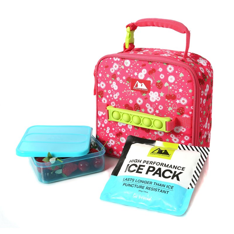 Arctic Zone Kids Lunch Box Combo with Gel Ice Pack and Sandwich Container, Insulated Bag for Travel Lunch, Sensory Fidget Handle, Very Berry Cherry