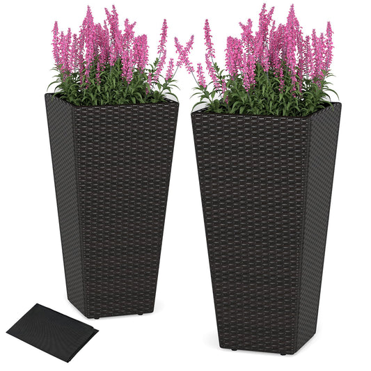 Giantex Set of 2 Outdoor Wicker Flower Pot, 30 Inch Tall Planters with Drainage System, PE Rattan Flower Pots, Indoor Outdoor Decoration for Front Porch Balcony Entryway, Dark Brown