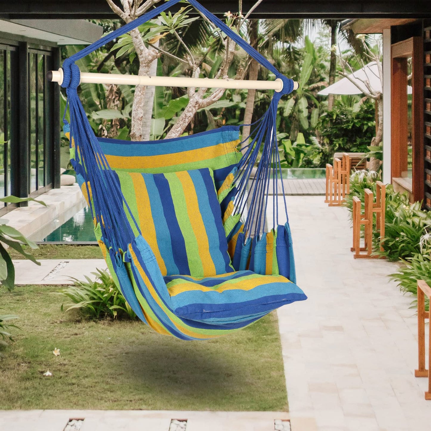 Highwild Hammock Chair Hanging Rope Swing - Max 500 Lbs - 2 Cushions Included - Steel Spreader Bar with Anti-Slip Rings - for Any Indoor or Outdoor Spaces (Blue Striped)