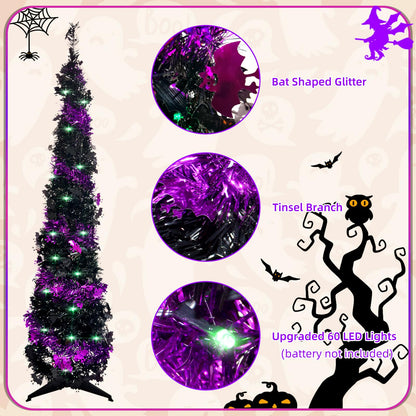 Pop up Christmas Tree for Indoor Decoration,5FT Pre-lit Mini Halloween Tree with 60 Lights,Black Artificial Pencil Tree Collapsible Tinsel Lighted up Christmas Tree