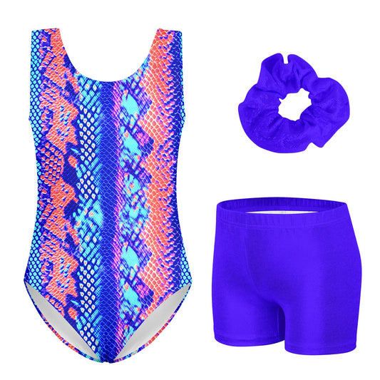 Gymnastics Leotards for Little Girls Size 4 Kids Sporty Blue 3 Piece Gym Biketards with Boy Shorts for 4t 5t Girls' 3d Print Colorful Classic Sparkle Cute Sleeveless Athletic Outfits,4-5 Years