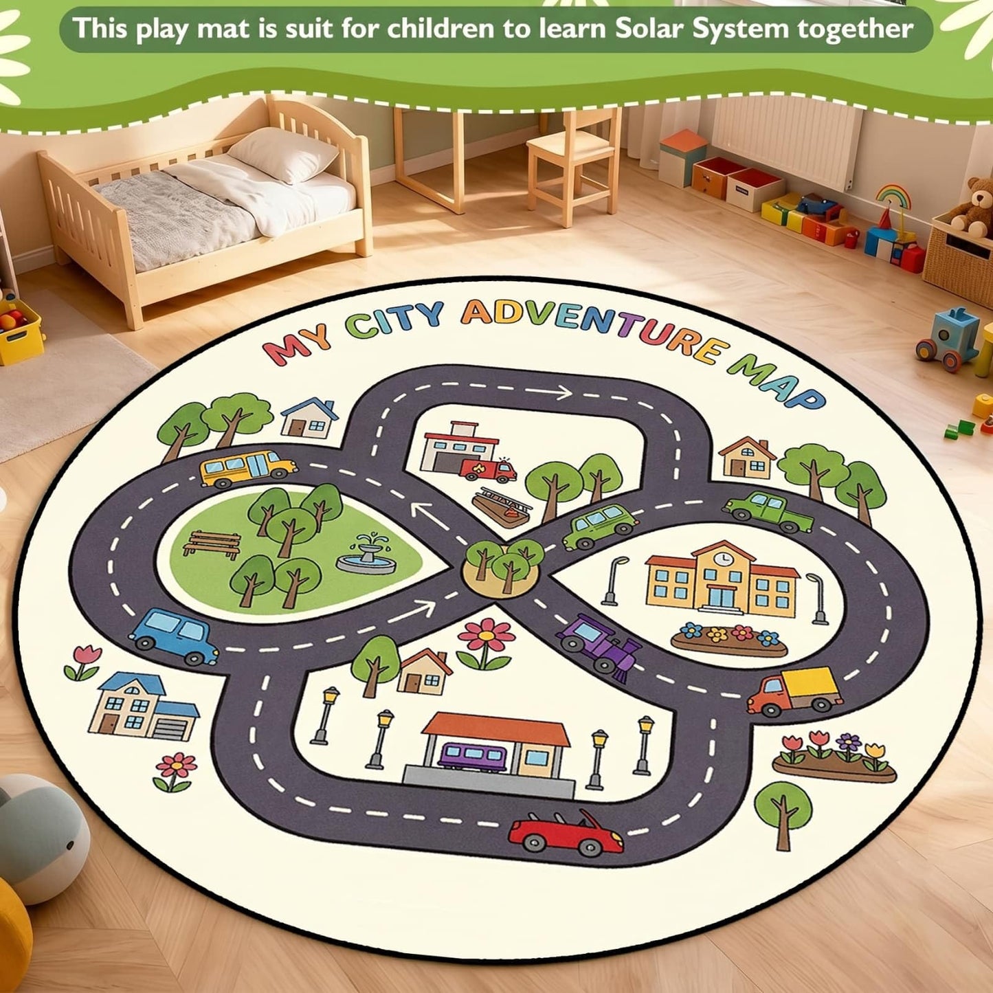 CRJMKS Round Car Rug Play Mats for Kids,3ft,City Road Map Round Children's Rug for Boy's Bedroom Playroom Nursery Preschool Education Circle Rugs Low-Pile with Rubber Backing