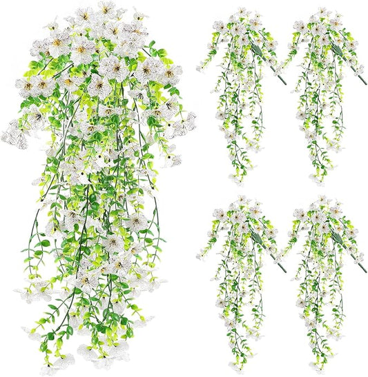 Artificial Fake Hanging Flowers Plants for Outdoor Spring Summer Decoration, 4pcs Faux Silk Realistic UV Sun Resistant Daisy for Outside Porch Patio Window Box Yard Home Decor (White)