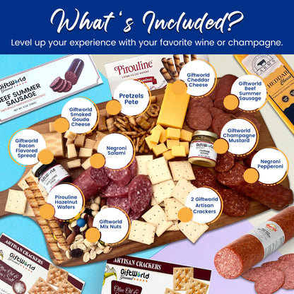 Deluxe Meat and Cheese Gift Basket – Gourmet Charcuterie Assortment Charcuterie Food Items, Meat Cheese Assortment, Food Gifts for Men, Tailgating, Business, Congratulations, Care Packages, Thanksgiving and Christmas Gifts - 11-item Bundle