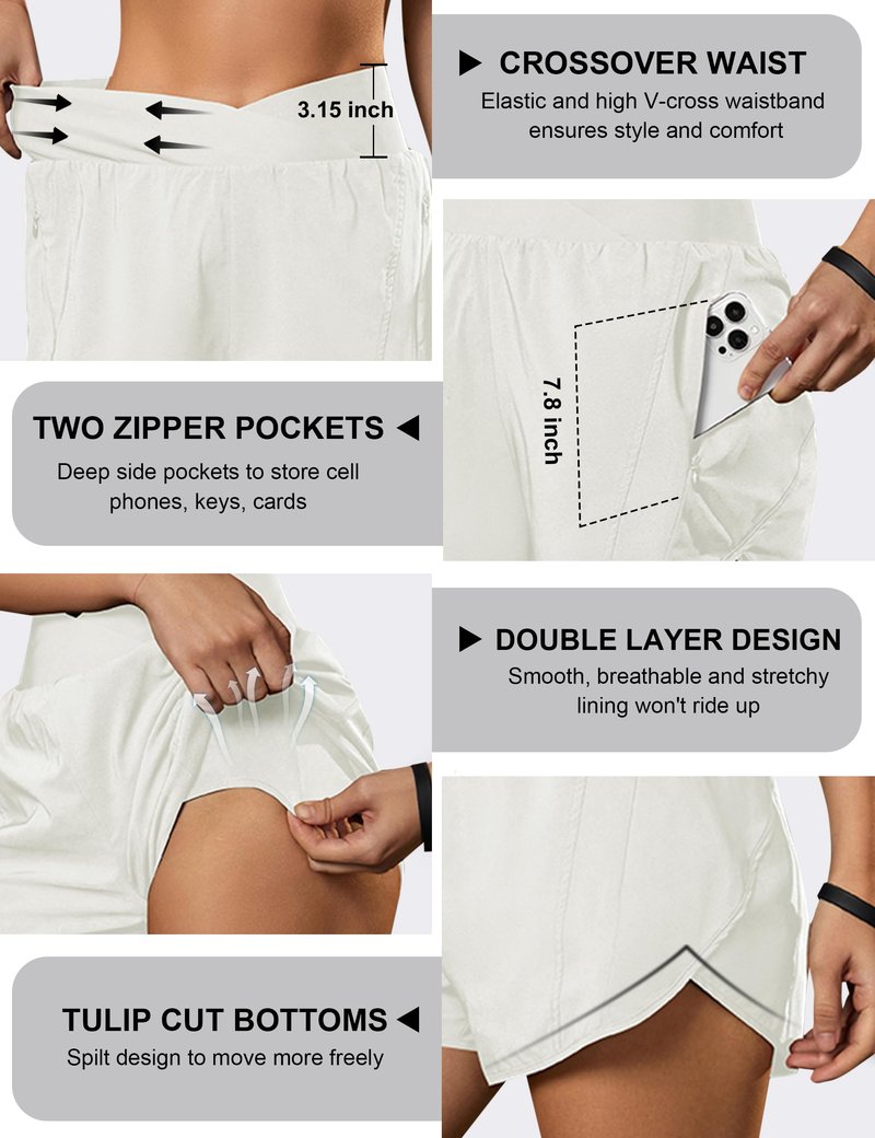 Blooming Jelly Women's Workout Shorts Athletic Running Elastic High Waisted Black Gym Yoga Shorts with Zipper Pockets (White,Medium)