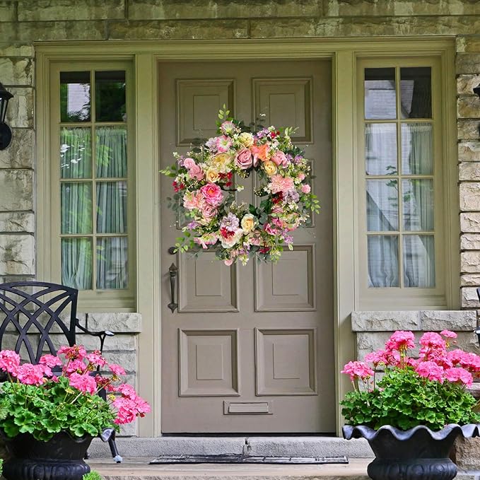 24 Inch Spring Summer Wreath for Front Door Outside Artificial Peonies Rose Flowers Morning Glory Mixed Flowers for Outdoor Front Door Indoor Wedding Wall Window Décor All Season