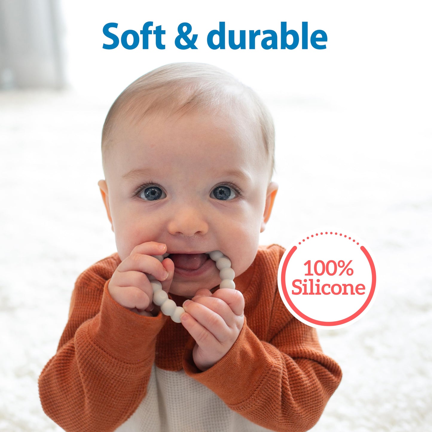 Dr. Brown's Flexees Beaded Teether Rings, 100% Silicone, Soft & Easy to Hold, Encourages Self-Soothe, 3 Pack, Blue, Light Blue, Black, BPA Free, 3m+