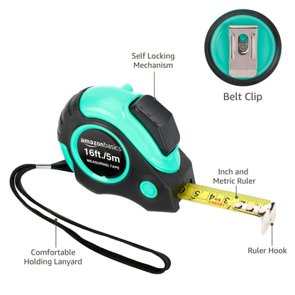 Amazon Basics Tape Measure - 16 ft / 192 in, Turquoise