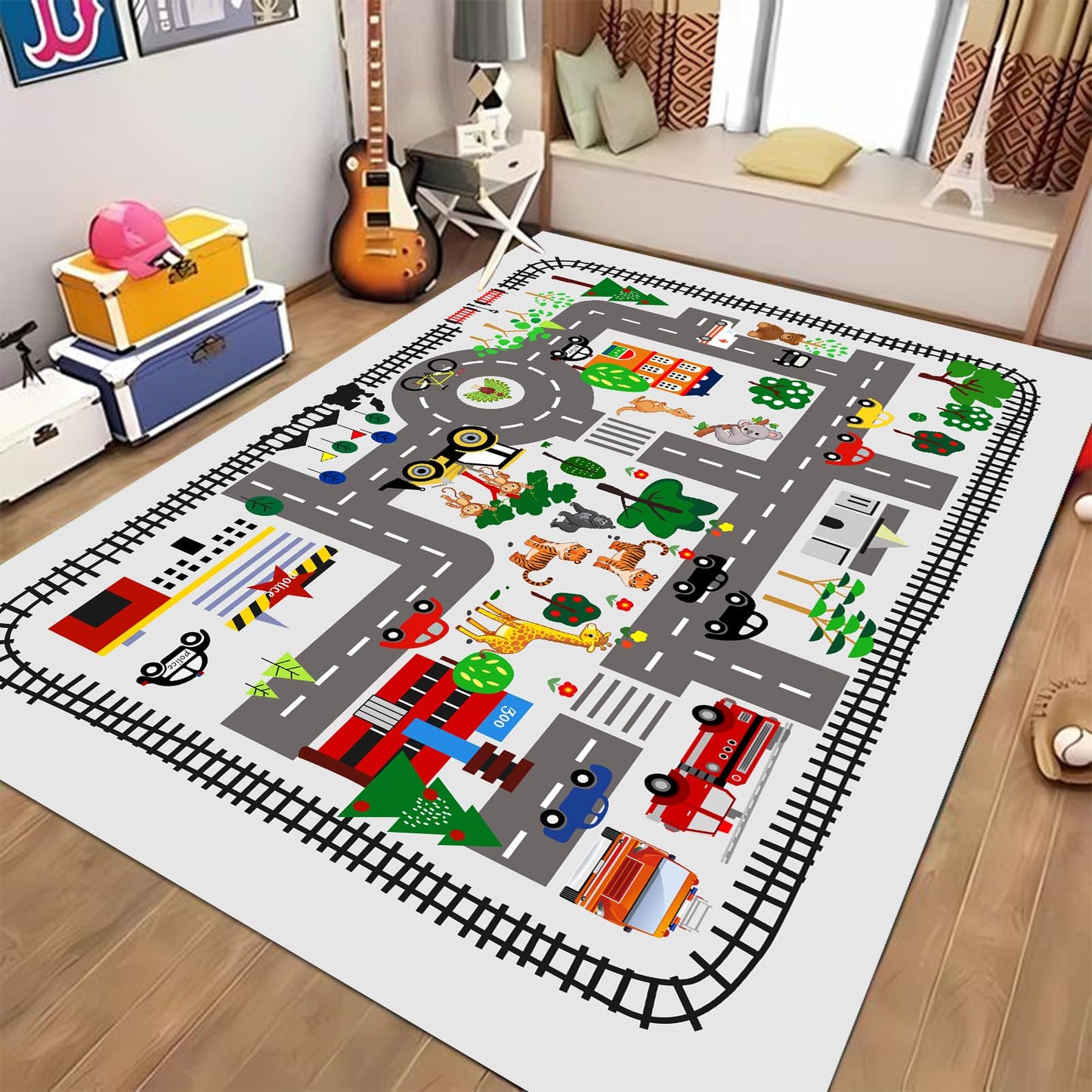 LTKOUGFAM 5x7ft Kids Town Road Play Rug - Car Playmat, Kids Rugs for Playroom Car Mat Town City Road Traffic Rugs, Extra Large Boys Kid Cars Track Play Rug (Style Five, 78.7X 59 INCH)