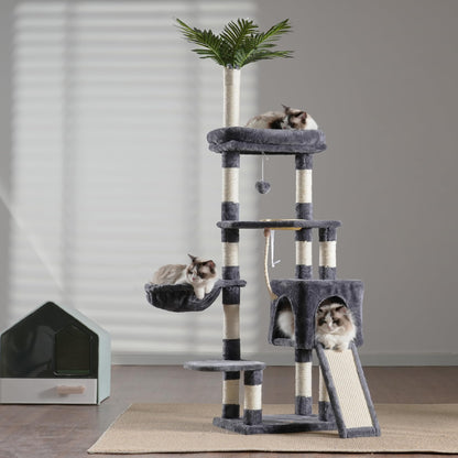 Heybly Cat Tree,Cat Tower for Indoor Cats, 65.4 inches Cat Condo with Perches, Basket, Feeding Bowl Station, Multi-Level Plush Furniture with Scratching Posts, Smoky Gray HCT015G