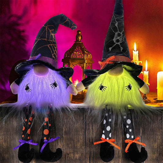 Juegoal 2 Pack Halloween Tabletop Decorations, 17" Lighted Plush Gnomes with Dangling Legs, Light Up LED Color Changing Elf Holiday Present, Figurine Gifts Housewarming Halloween Festival Table Decor