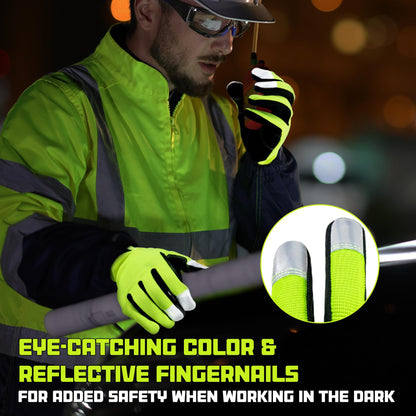 HANDLANDY Mens Work Gloves Touch Screen, Synthetic Leather Utility Gardening Gloves, Flexible Breathable Spandex Back- Padded Knuckles & Palm (Hi-vis Yellow, L)