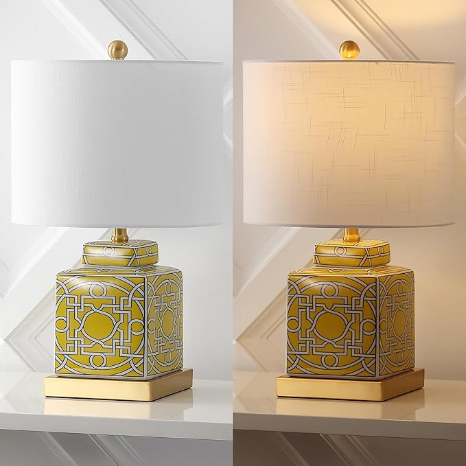 JONATHAN Y JYL3044C Catherine 22" Modern Transitional Ceramic/Metal Square Ginger Jar LED Table Lamp, Yellow/White for Bedroom, Living Room, Office, College
