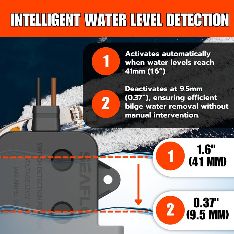 SEAFLO Electric Field Bilge Switch - 12V/24V, 20A at 12V or 10A at 24V, Automatic Water Level Sensor Switch, No Float, Solid State Bilge Pump Switch, Marine Boat, SFBS-20-06, 4-Year Warranty