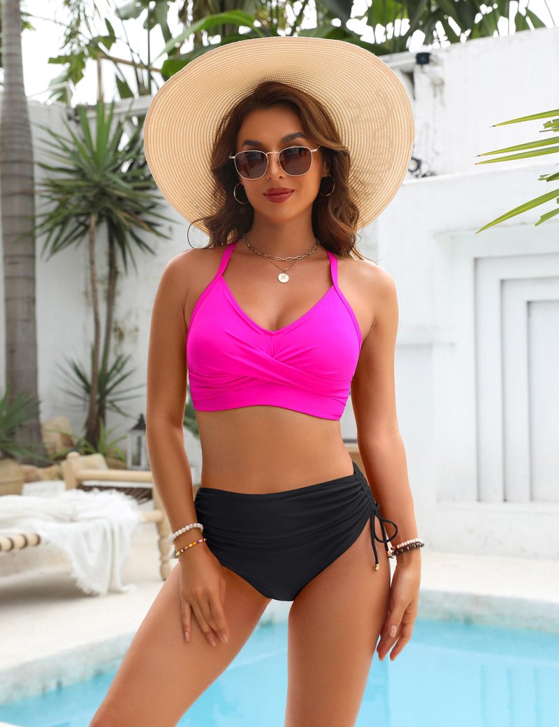 Blooming Jelly Womens High Waisted Bikini Sets Color Block Two Piece Swimsuit Swim Suits Bathing Suit (Small, Pink)