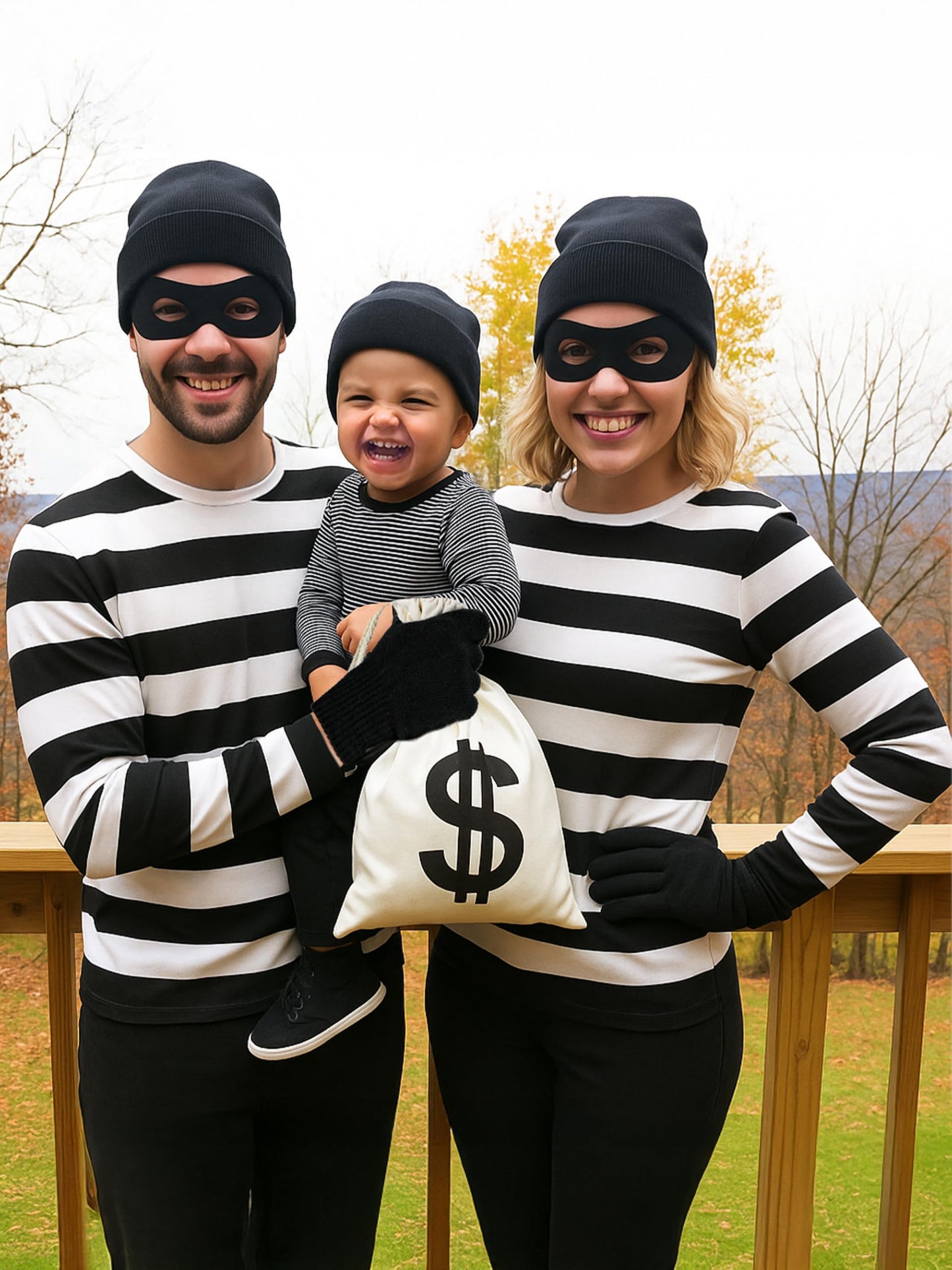 QZYL Robber Costume Set, M Unisex Thief Cosplay T Shirt Beanie Cap Gloves Eye Masks Money Bags for Halloween